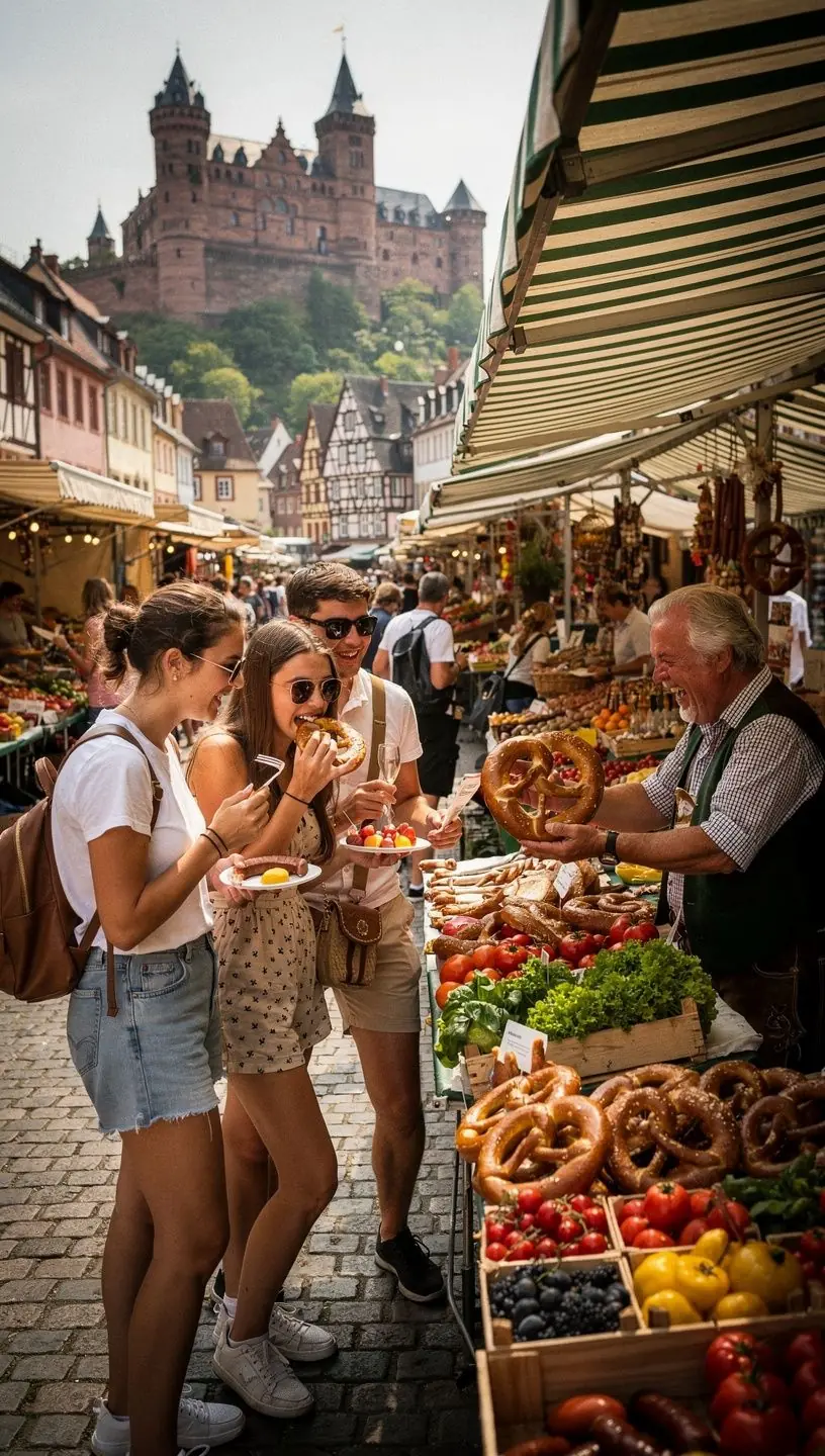 Touristen genießen eine Führung durch eine historische Altstadt in einem deutschen Bundesland.