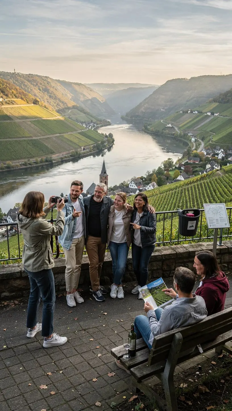 Berater zeigt einem Paar individuell geplante Reiseunterlagen für eine Deutschland-Tour.